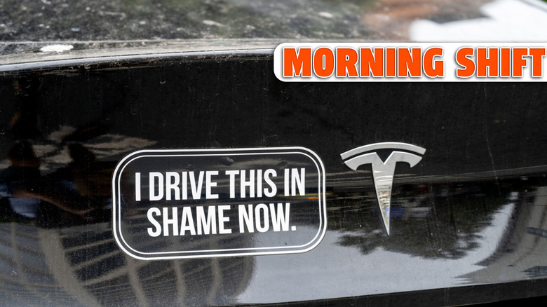 Close-up of bumper sticker reading "I DRIVE THIS IN SHAME NOW" on the rear of a black Tesla with logo visible, San Francisco, California, September 11, 2025. The sticker likely attempts to distance the driver from the political beliefs of Tesla CEO Elon Musk. (Photo by Smith Collection/Gado/Getty Images)