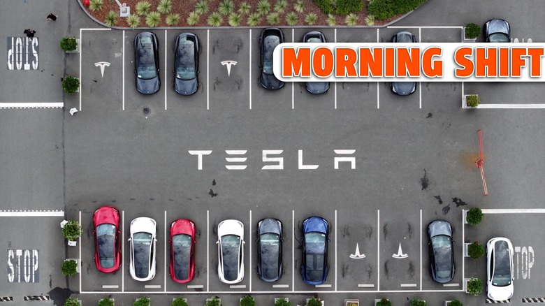 In an aerial view, brand new Tesla cars sit parked in a lot at the Tesla Fremont Factory on April 24, 2024 in Fremont, California.