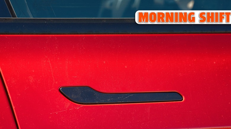 Close-up of flush-mounted, retracting door handle on Tesla automobile, San Ramon, California, September 21, 2020.