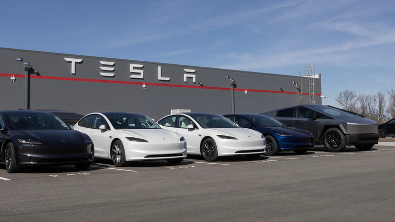 Indianapolis - February 28, 2025: Tesla EV electric vehicle Service Center. Tesla models include the Cybertruck, Model 3, Model Y, Model X and Model S.