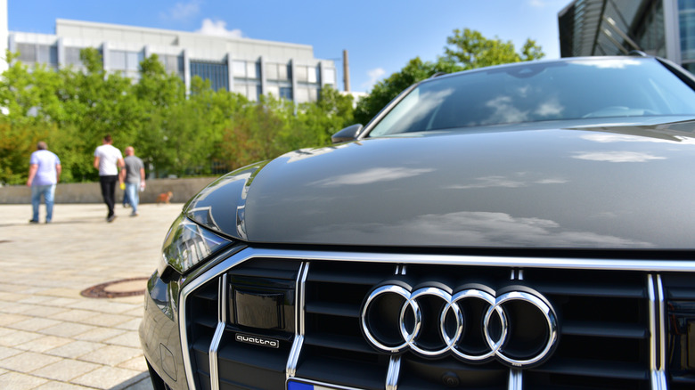 An Audi car in front of the Audi factory at the headquarters in Ingolstadt, Bavaria