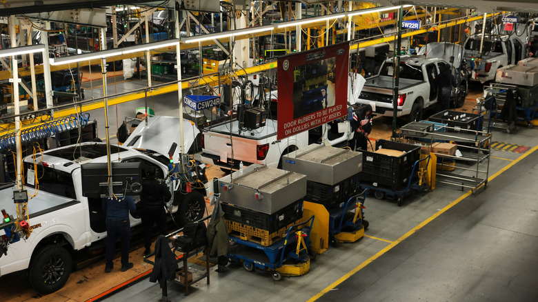 DEARBORN, MICHIGAN - JANUARY 13: Ford F-150 trucks are assembled at the Ford River Rouge Complex on January 13, 2026 in Dearborn, Michigan. U.S. President Donald Trump is visiting Michigan where he will participate in a tour of the Ford River Rouge complex and later give remarks to the Detroit Economic Club. (Photo by Anna Moneymaker/Getty Images)