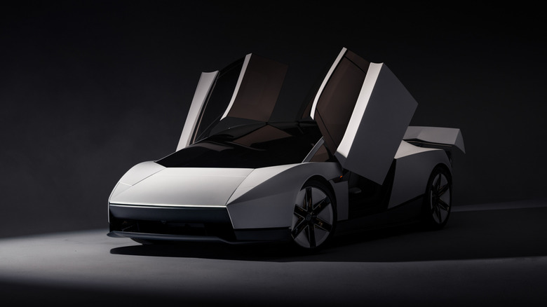 Tesla Roadster from the front, doors open