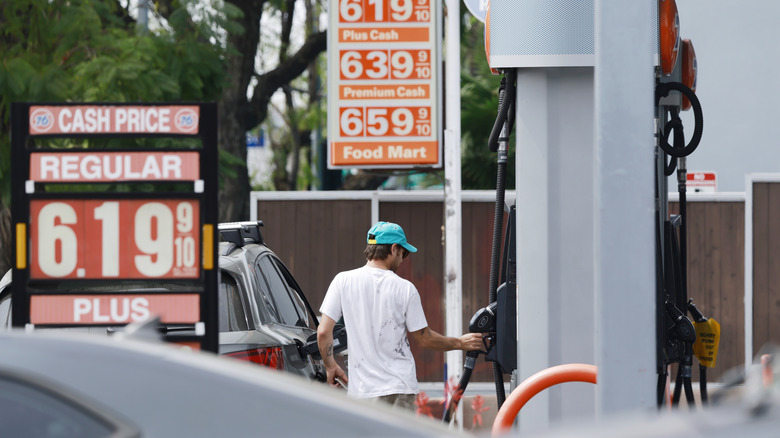 Gas prices are displayed at a Shell gas station on March 30, 2026 in Los Angeles, California.
