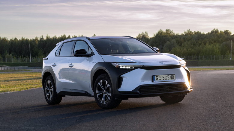 Berlin, Germany - 7th September, 2022: Electric SUV Toyota bZ4X on a road. This model is the first mass-produced electric vehicle from Toyota.