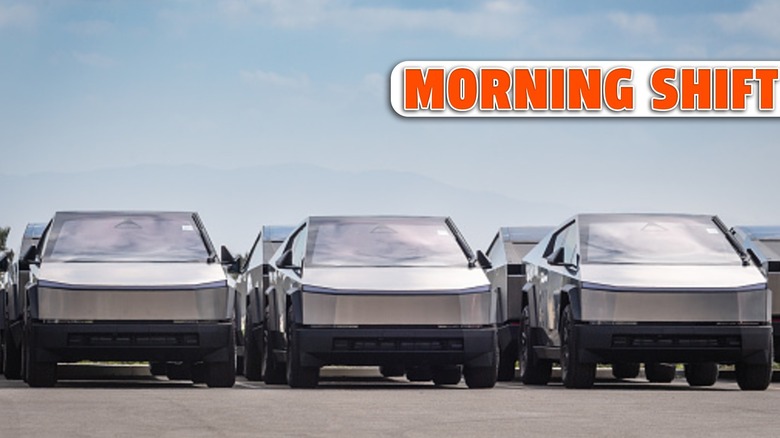 Tesla electric Cybertrucks at Upland, CA sales, delivery and service center.