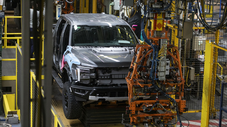 DEARBORN, MICHIGAN - APRIL 11: The new Ford F-150 truck goes through the assembly line at the Ford Dearborn Plant on April 11, 2024 in Dearborn, Michigan. Both the new F-150 and the all-new Ford Ranger trucks were launched today at a celebratory event at the Dearborn plant. (Photo by Bill Pugliano/Getty Images)