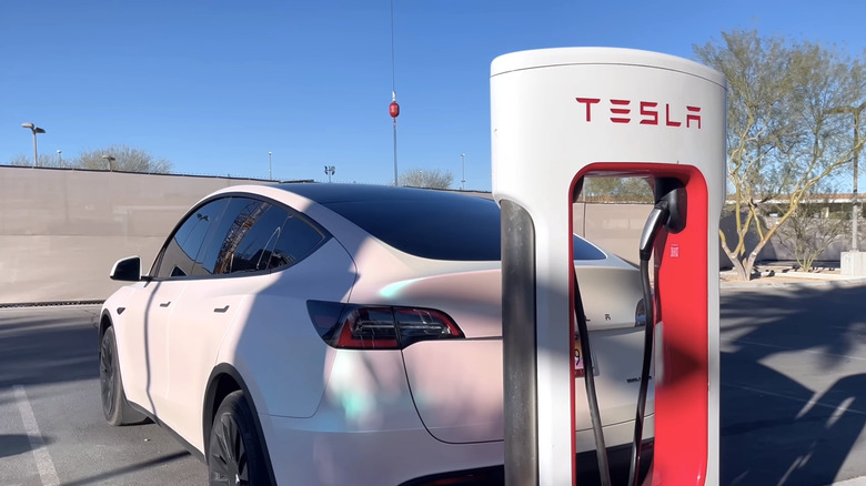 Image of a Tesla EV Car charging at a Tesla Supercharger Station. Photo taken in Las Vegas, USA, 20 June 2025.