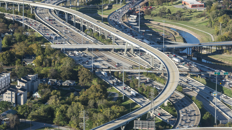 Congested highway intersection with multiple flyovers near Houston, Texas