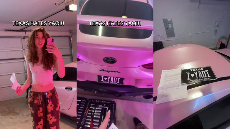Triptych of vertical video screenshots, with a femboy in crop top and pajama pants on the left, A90 Supra in the middle with license plate, and license plate atop the Supra on the right