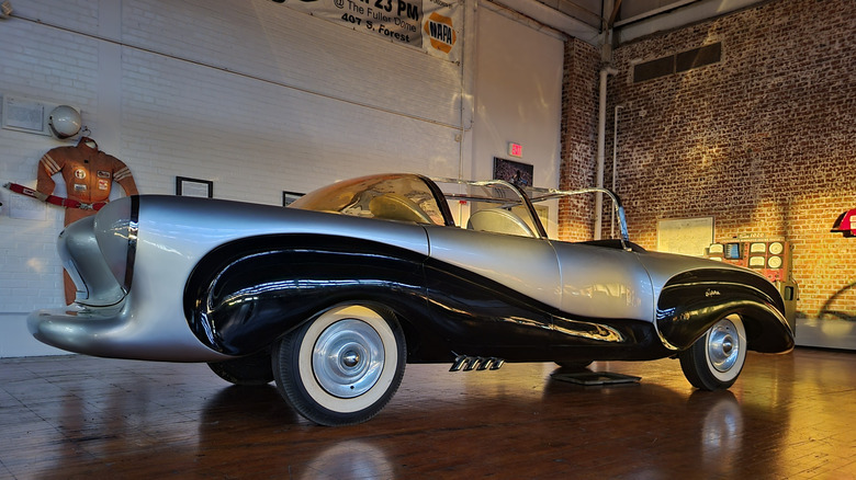 Rear quarter of 1957 Aurora Safety Car in a museum
