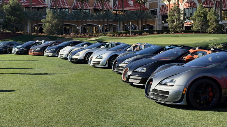 A group of Bugatti Veyrons parked in a row on a golf course
