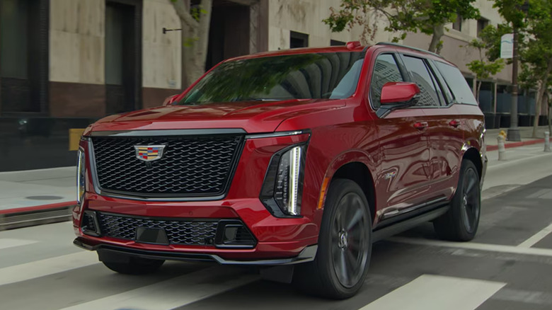 A dark cherry red Cadillac Escalade-V high-performance SUV driving down a city street, crossing over a white-striped crosswalk in front of concrete urban buildings.