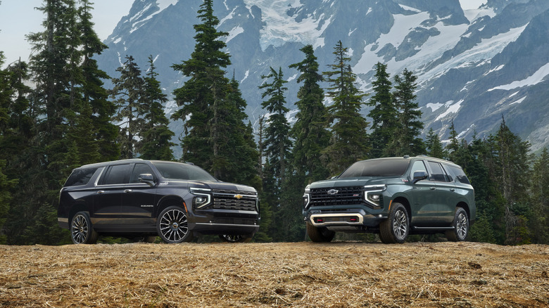 A dark grey Chevrolet Suburban and a sage green Tahoe Z71 parked side-by-side on a dirt clearing with a massive snow-capped mountain and pine forest in the background.