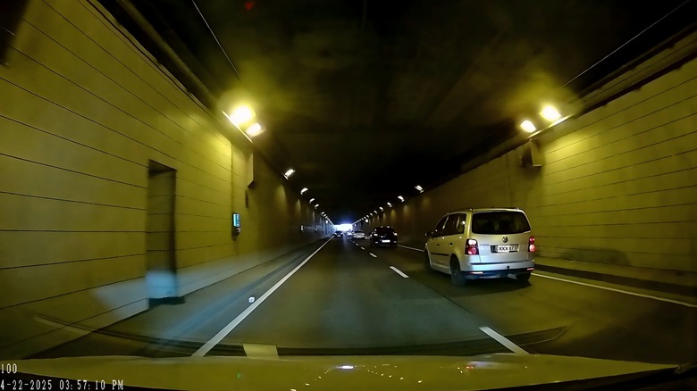 Night vision on Cievie dash cam showing road in tunnel
