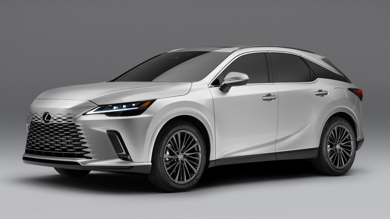 A 5th-generation 2023 Lexus RX 350 Premium model against a contrasting dark and light background