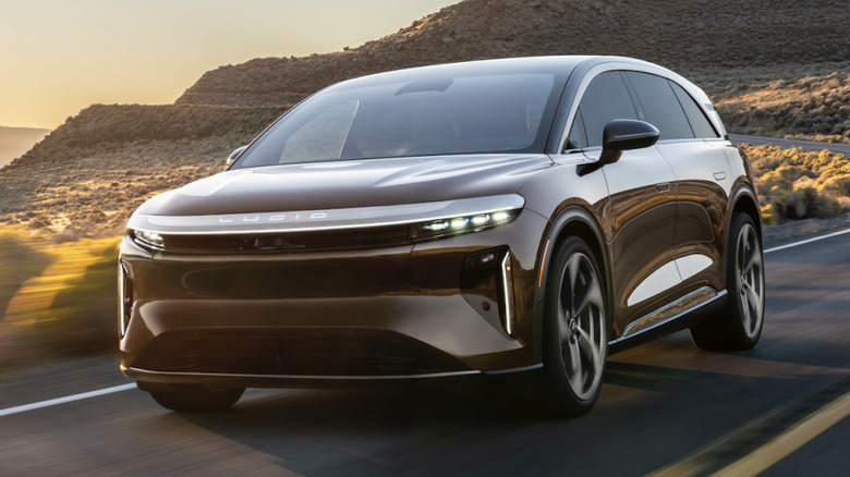 Front 3/4 view of a 2026 Lucid Gravity Touring