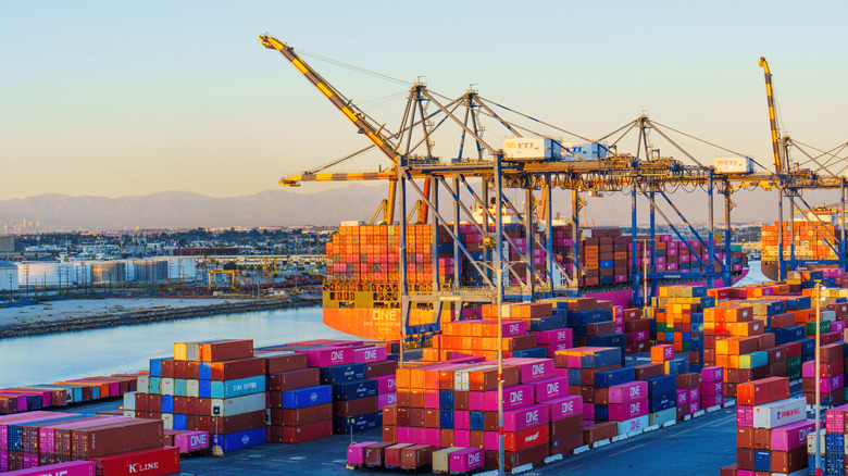 Dynamic position of cranes loading colorful shipping containers on nan waterfront astatine Long Beach port, pinch distant mountains visible