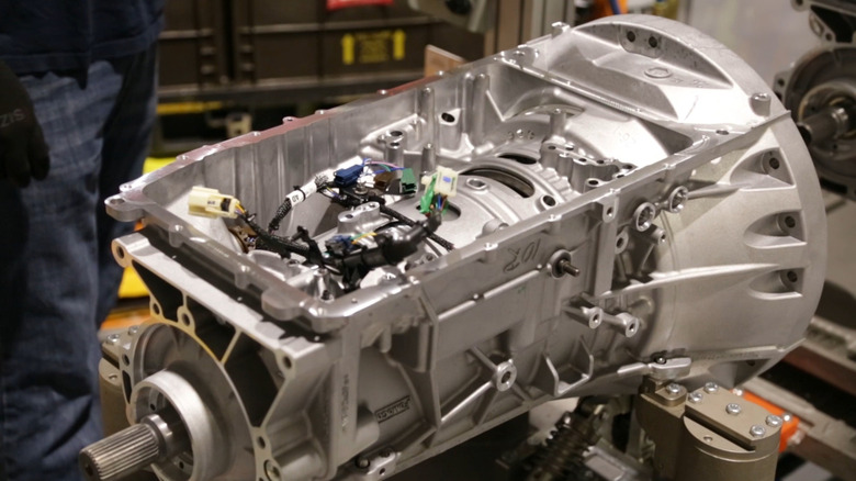 A Ford 10-speed transmission as it's being assembled in the Livonia Transmission Plant