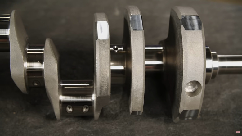 A closeup of the crankshaft for a GM 5.3-liter EcoTec3 or Vortec 5300 V8