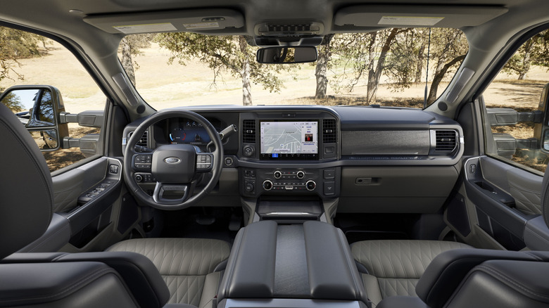 an interior shot of the Platinum Plus cabin of the Ford F-350 Super Duty