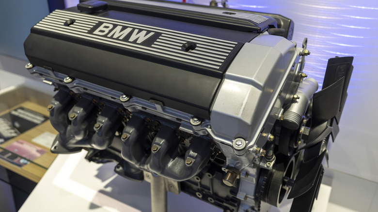 A BMW M50 engine on display in BMW's museum