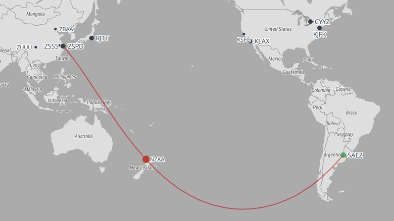 A map of the China Eastern flight from Shanghai to Buenos Aires via Auckland