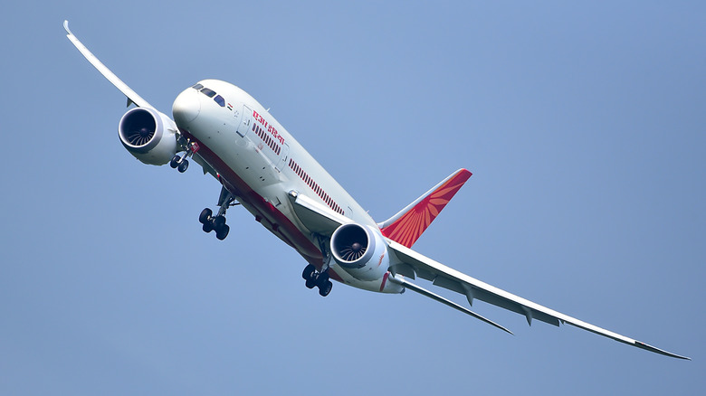 An Air India Boeing 787-8 Dreamliner maneuvering for landing approach.