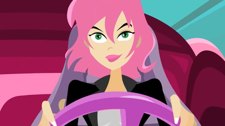 Erin from the 2000s Esurance commercials behind the wheel of a cartoon car