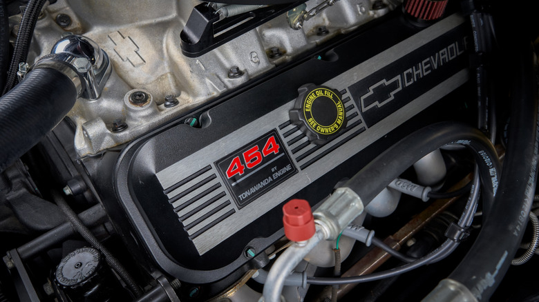 A close-up of a Chevrolet 454 big-block engine