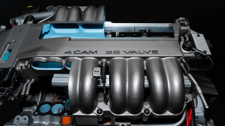 A cutaway of the GM 5.7-liter LT5 V8 engine, showing its intake manifold ports.
