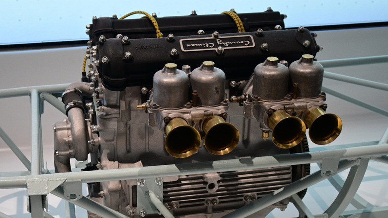 A Coventry Climax FPF 2-litre engine built into a Lotus 12 Formula 2 frame at the Formula 1 exhibit in London.
