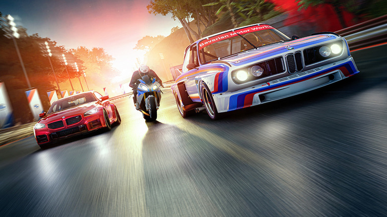 An artist's impresstion of a 2026 BMW M2 CS, a BMW S1000RR, and a 1972 BMW 3.0 CSL