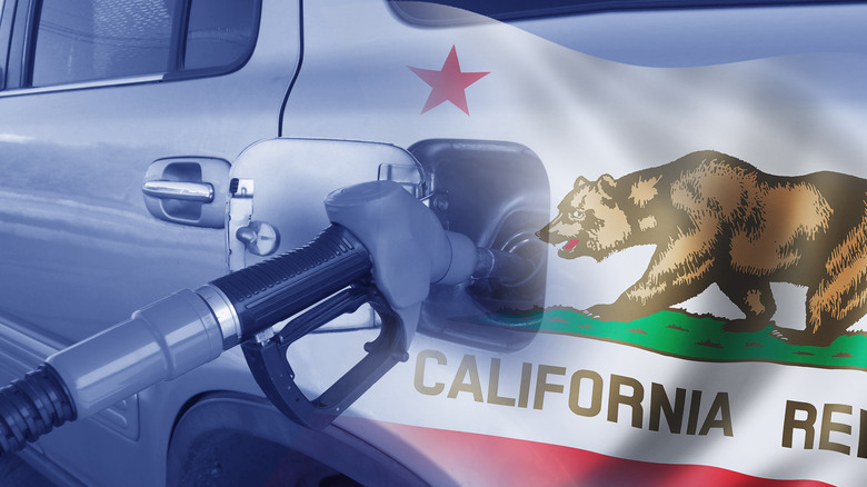 A blended image of a car being filled with gasoline and the California state flag.