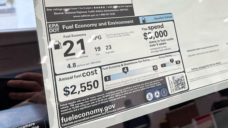 A new truck's window sticker showing the estimated gas mileage, annual fuel cost, and gallons of fuel used per 100 miles traveled.