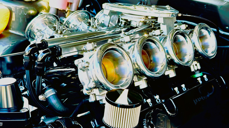 A large American muscle car V8 LS engine on display
