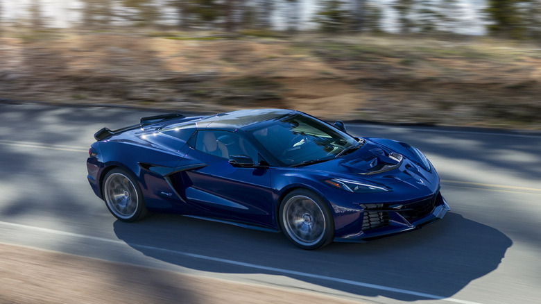 A pre-production Chevrolet Corvette ZR1 Convertible in Hysteria Purple driving down a mountain road