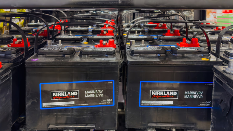 A rack of marine and RV batteries.