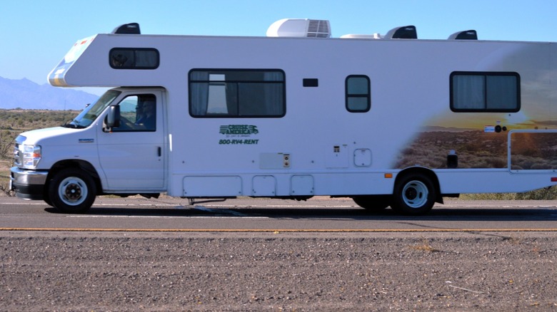 Class C RV on a road.