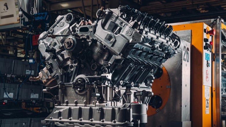 A Bentley W12 engine in a factory.