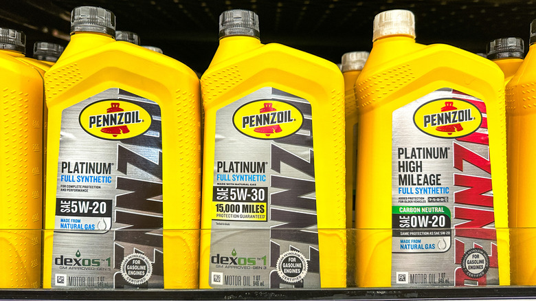 Bottles of Pennzoil synthetic motor oils on store shelves