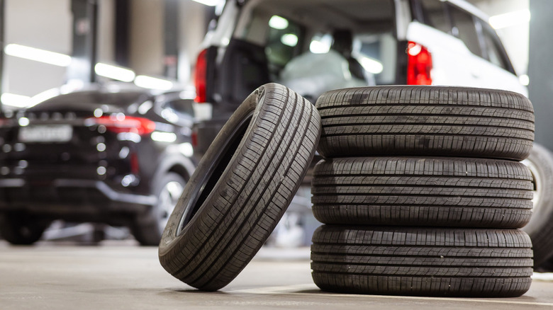 A stack of tires in a tire shop