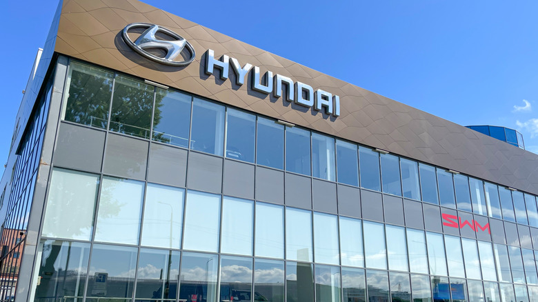 Saint Petersburg, Russia, 23 Jule 2024: Facade of Hyundai car store. The frontage of the Hyundai Car Showroom.