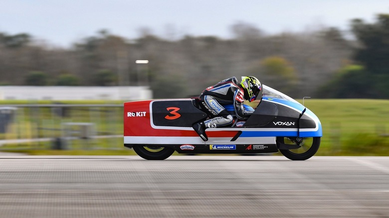 A running shot of the Voxan Wattman electric motorcycle attempting a speed record.