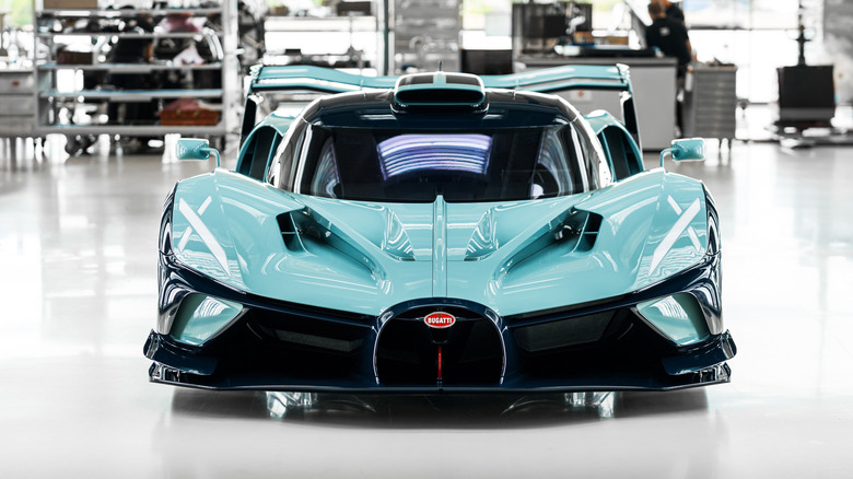 Front end of a blue Bugatti Bolide
