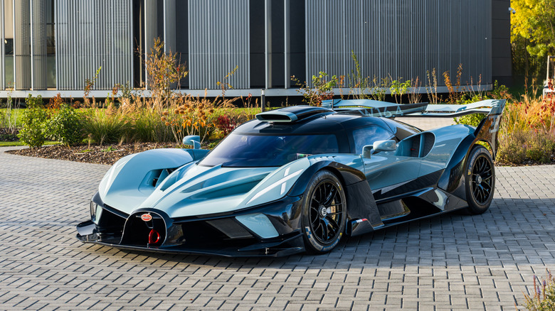 Front 3/4 view of a blue Bugatti Bolide