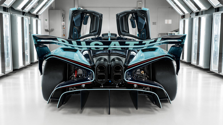 Rear end of a blue Bugatti Bolide