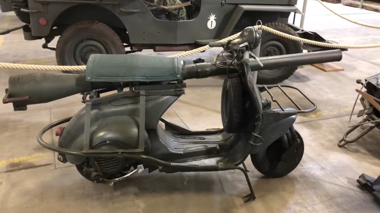 The small, Vespa 150 TAP on display at the Musée des Blindés, the Tank Museum in France.