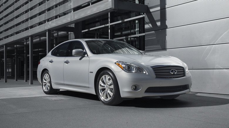 Front 3/4 of 2012 Infiniti M35h parked in front of modern building
