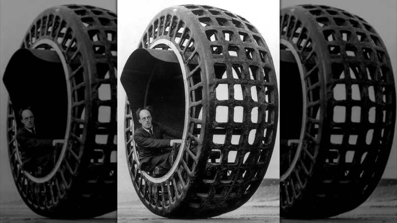 John Purves driving the Dynasphere monowheel